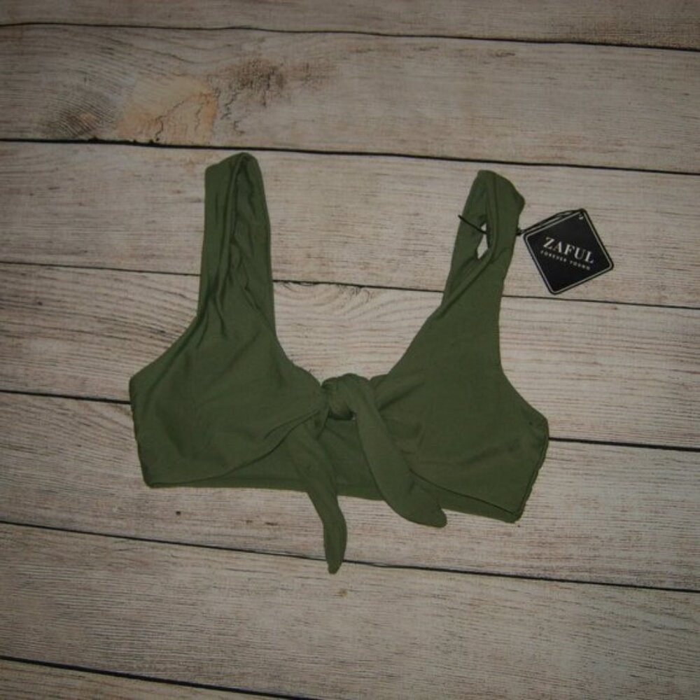Zaful Olive Green Knot Front Swim Top S